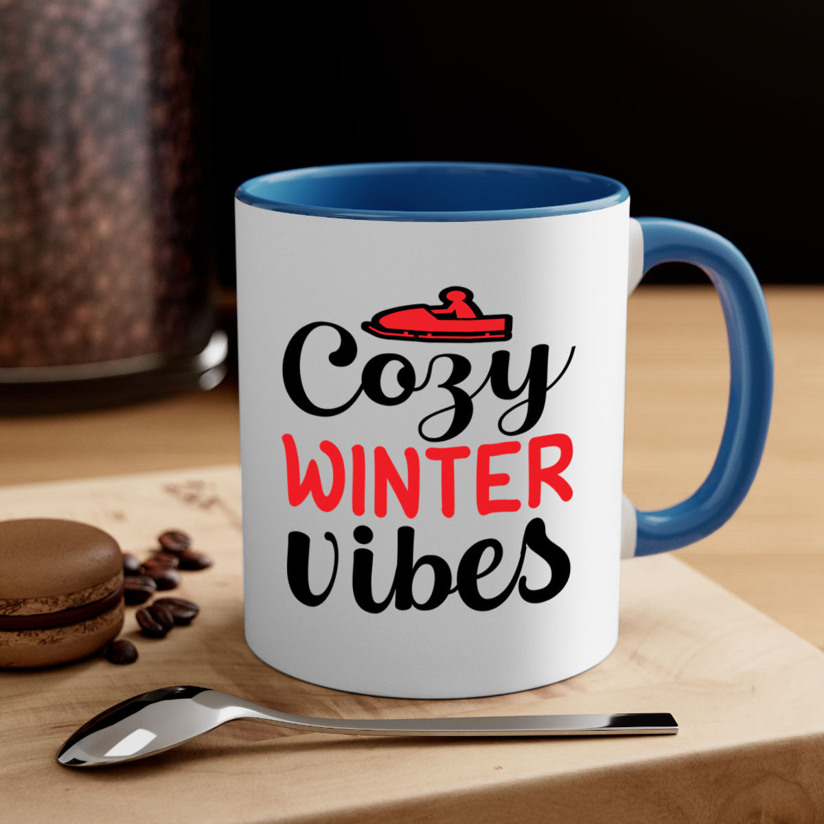 Cozy Winter Vibes 68# Mug with colorful handle and glossy finish, available in multiple colors and sizes.