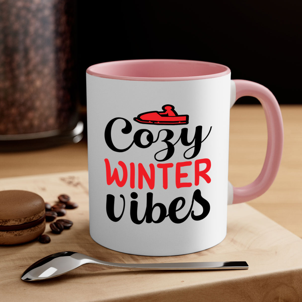 Cozy Winter Vibes 68# Mug with colorful handle and glossy finish, available in multiple colors and sizes.