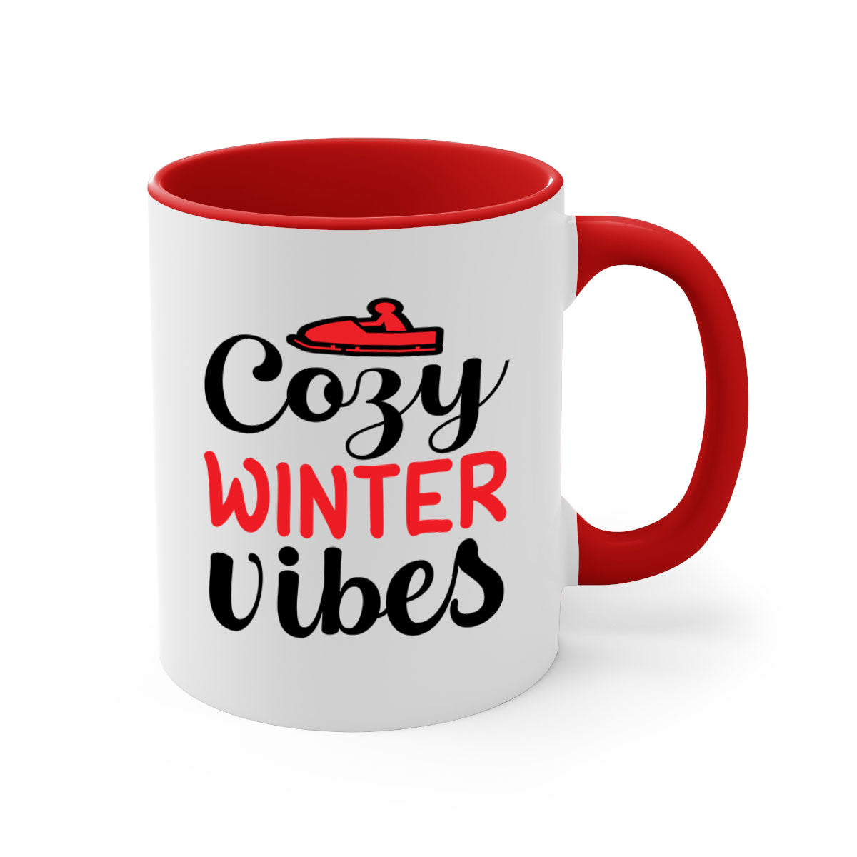 Cozy Winter Vibes 68# Mug with colorful handle and glossy finish, available in multiple colors and sizes.