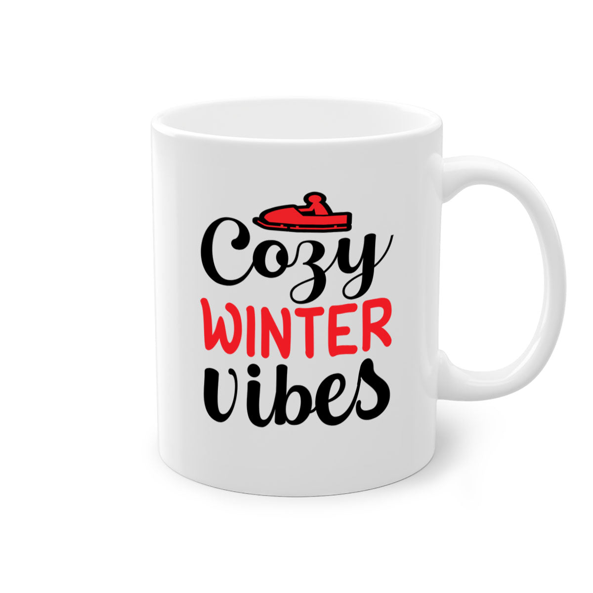 Cozy Winter Vibes 68# Mug with colorful handle and glossy finish, available in multiple colors and sizes.