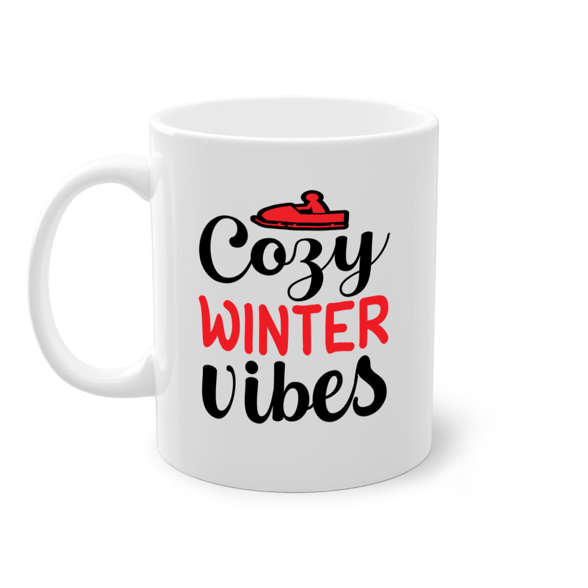 Cozy Winter Vibes 68# Mug with colorful handle and glossy finish, available in multiple colors and sizes.