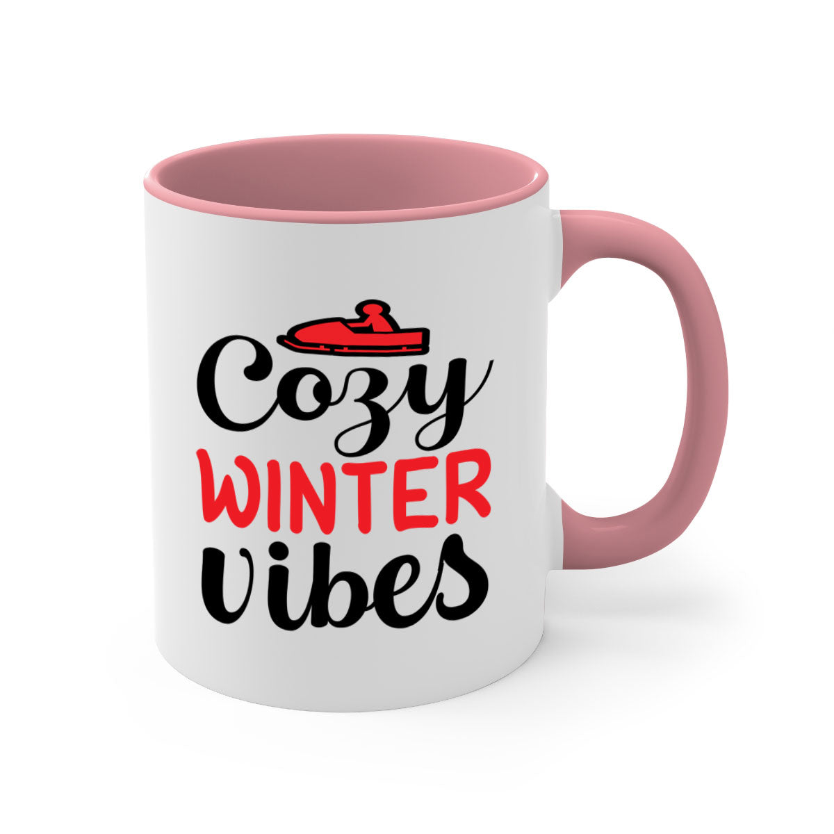 Cozy Winter Vibes 68# Mug with colorful handle and glossy finish, available in multiple colors and sizes.