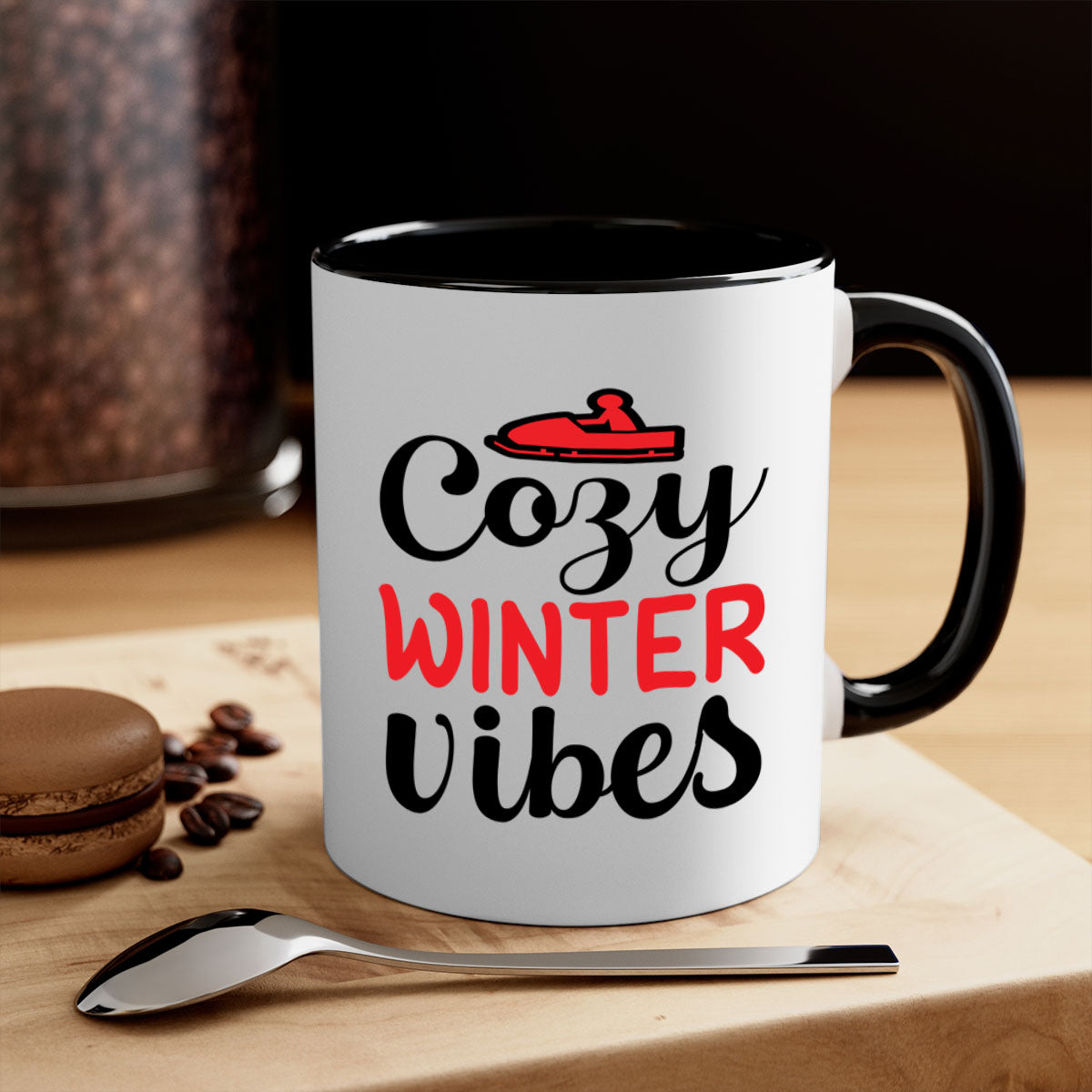 Cozy Winter Vibes 68# Mug with colorful handle and glossy finish, available in multiple colors and sizes.