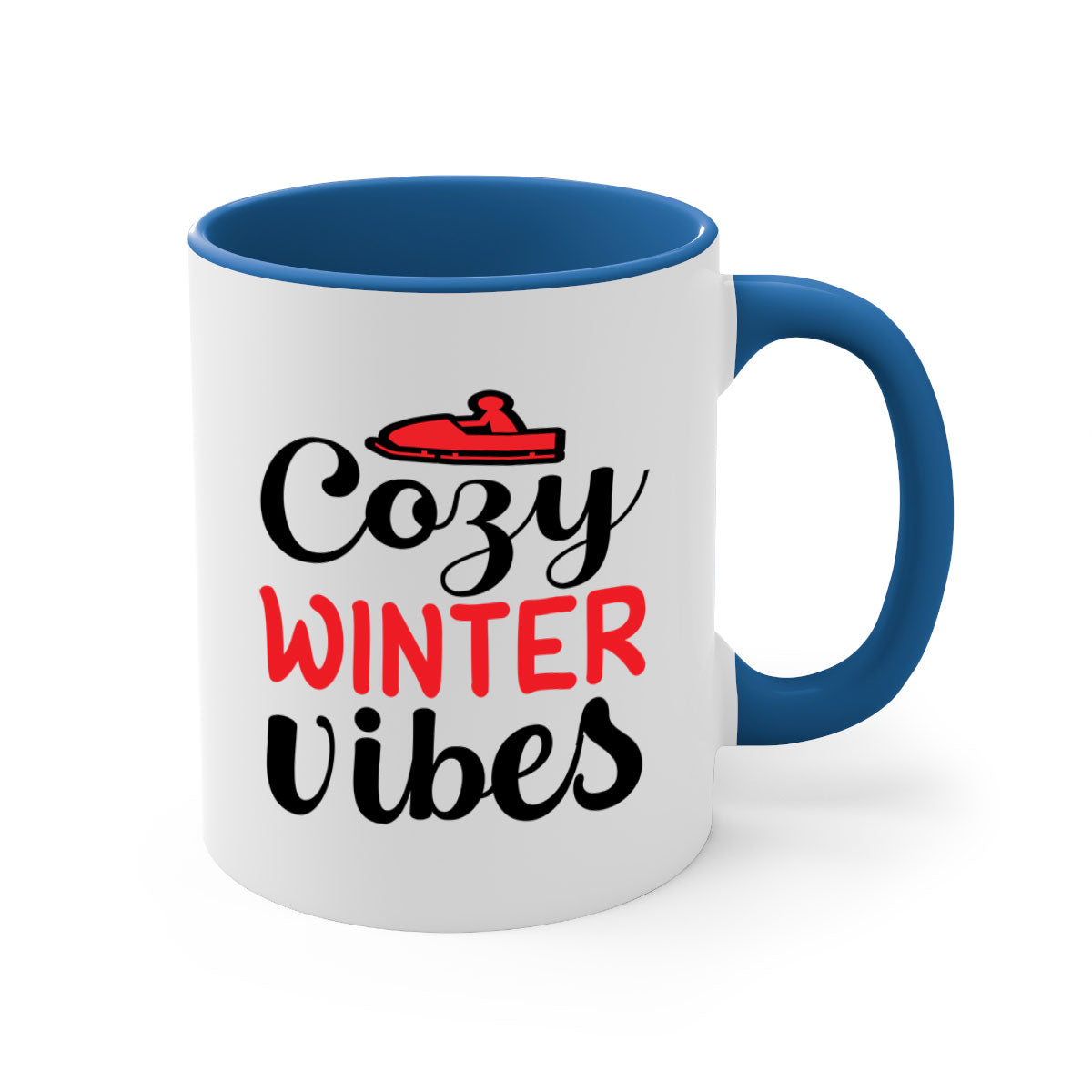 Cozy Winter Vibes 68# Mug with colorful handle and glossy finish, available in multiple colors and sizes.