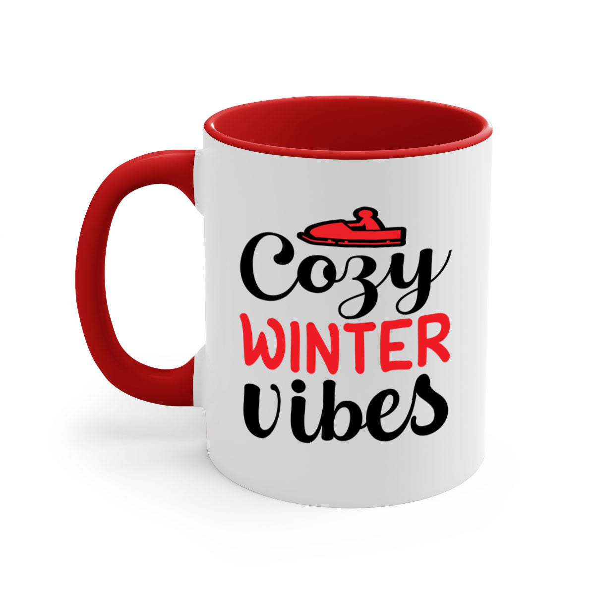 Cozy Winter Vibes 68# Mug with colorful handle and glossy finish, available in multiple colors and sizes.