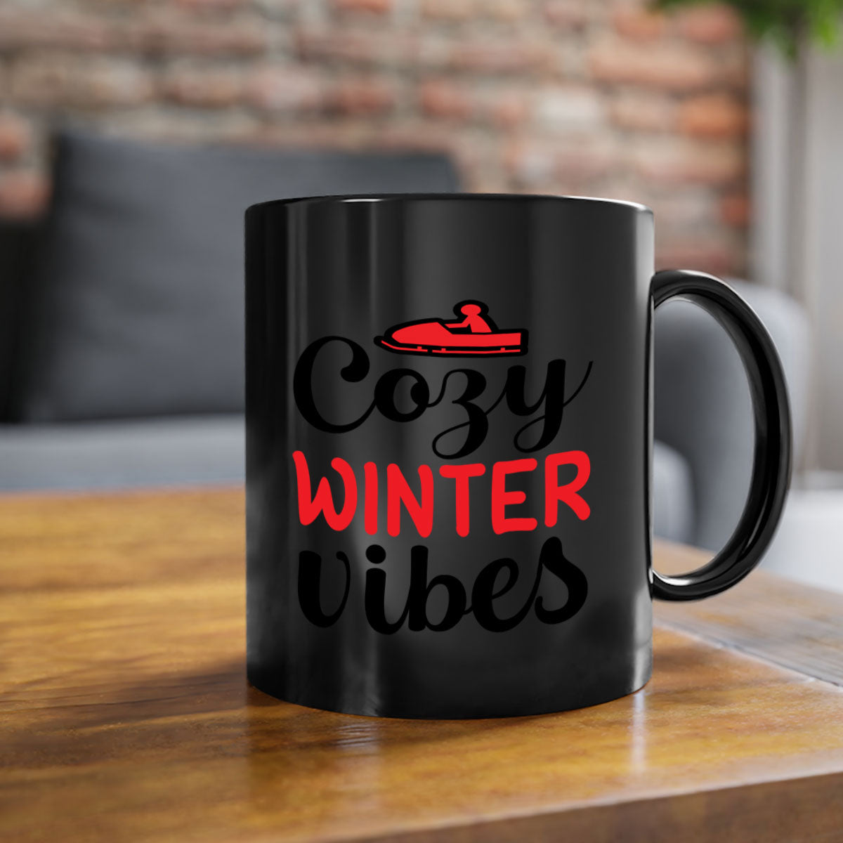 Cozy Winter Vibes 68# Mug with colorful handle and glossy finish, available in multiple colors and sizes.