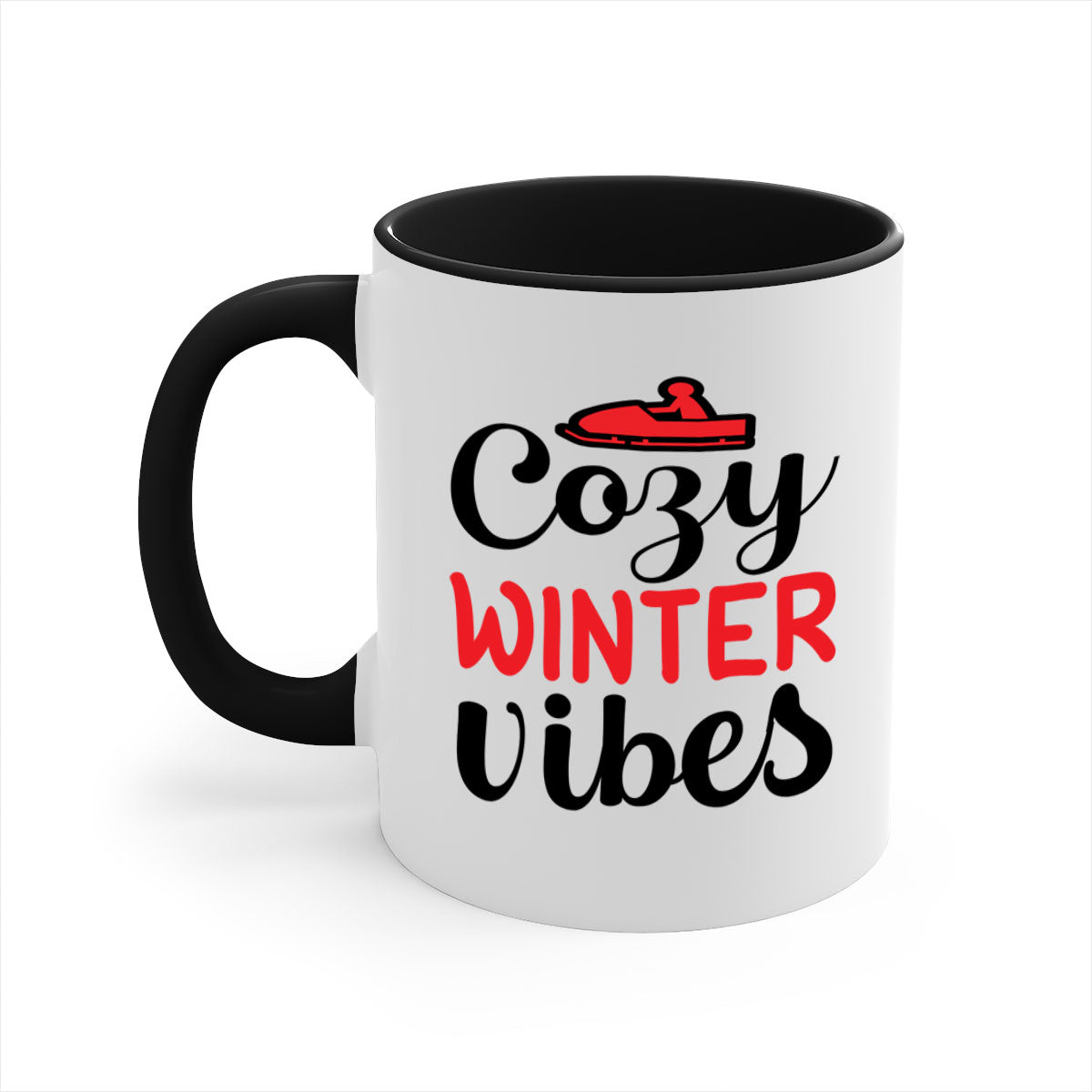 Cozy Winter Vibes 68# Mug with colorful handle and glossy finish, available in multiple colors and sizes.