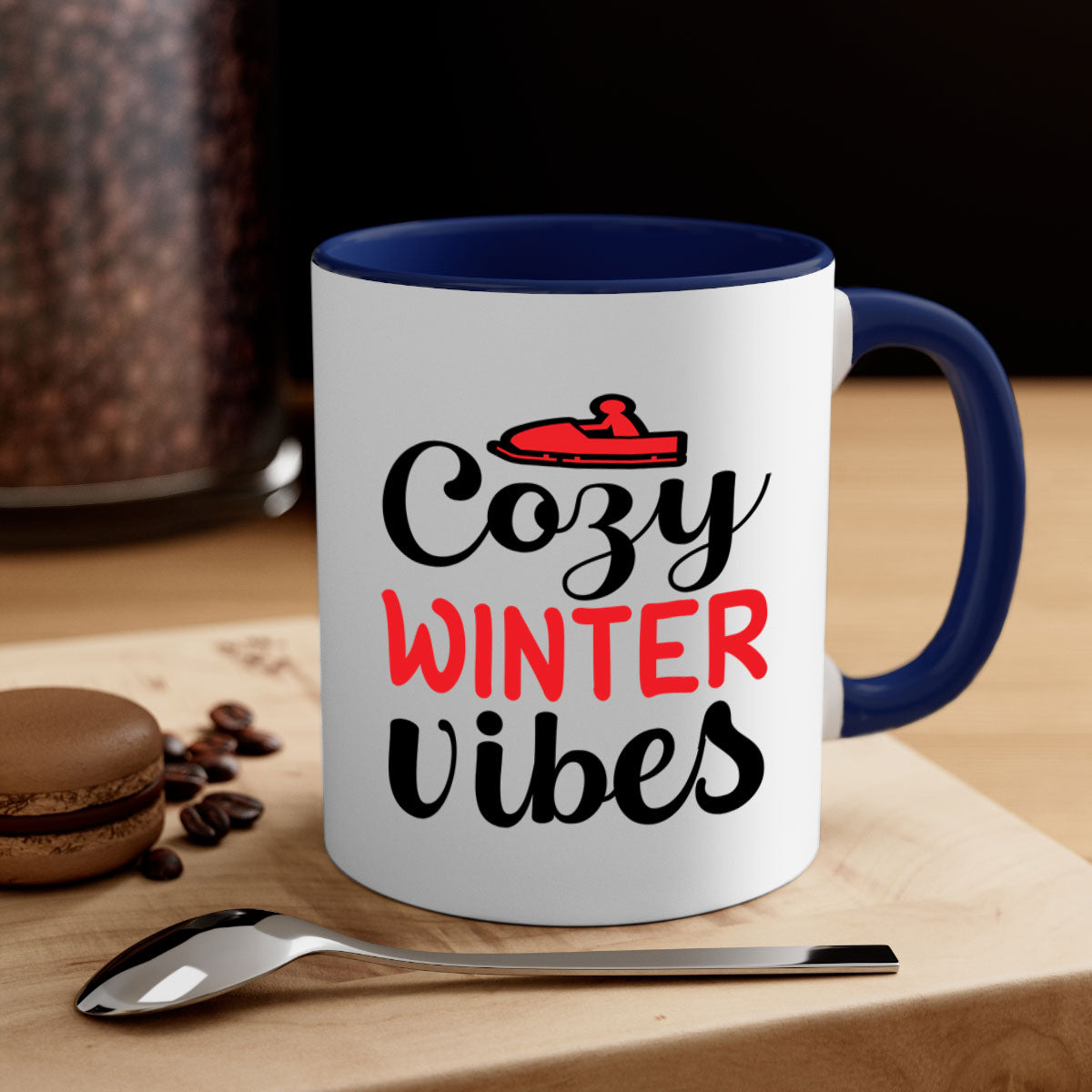 Cozy Winter Vibes 68# Mug with colorful handle and glossy finish, available in multiple colors and sizes.