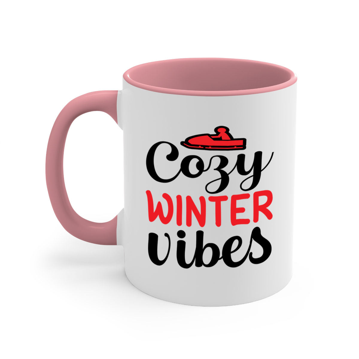 Cozy Winter Vibes 68# Mug with colorful handle and glossy finish, available in multiple colors and sizes.