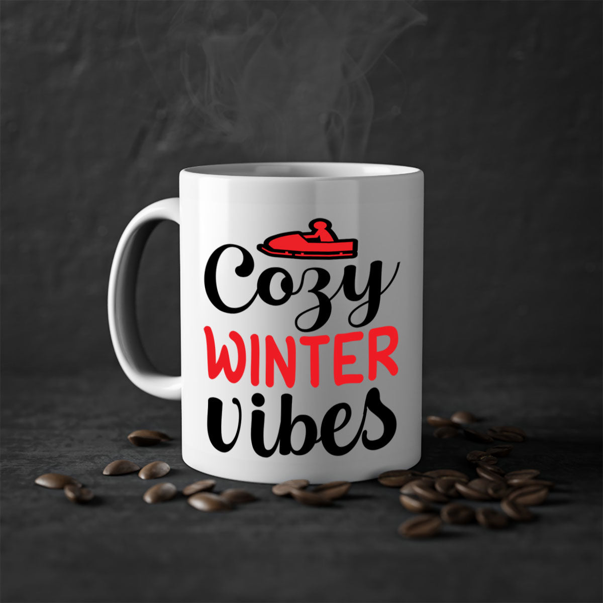Cozy Winter Vibes 68# Mug with colorful handle and glossy finish, available in multiple colors and sizes.