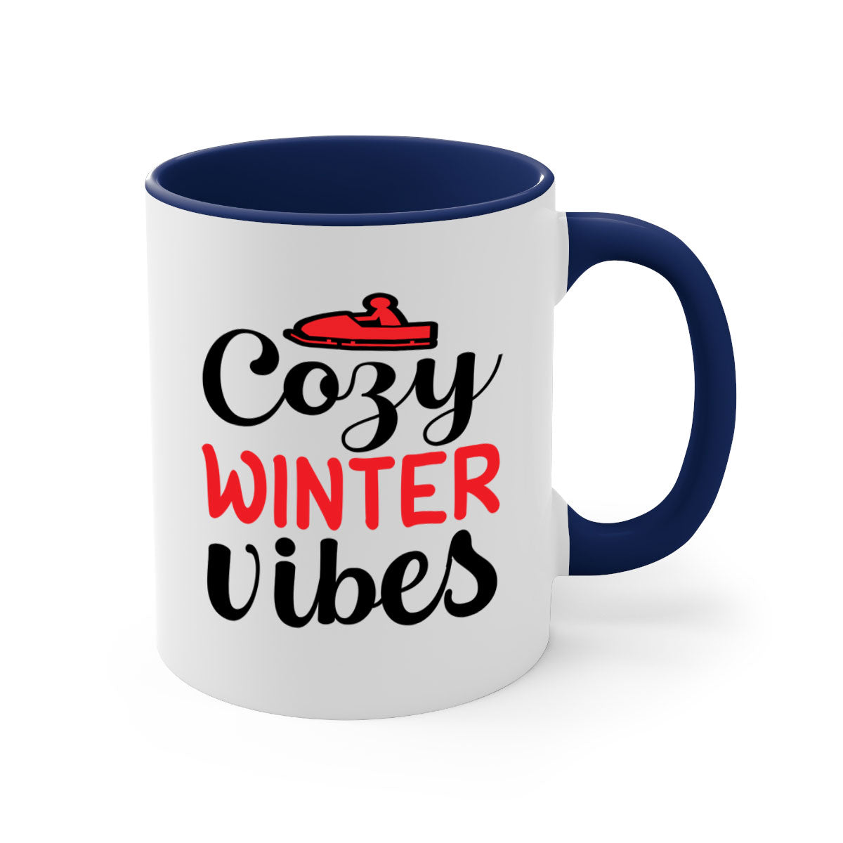 Cozy Winter Vibes 68# Mug with colorful handle and glossy finish, available in multiple colors and sizes.