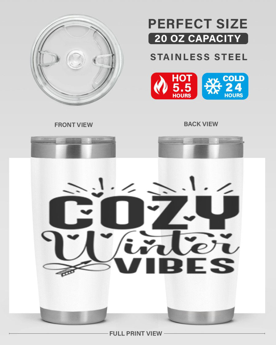 Cozy Winter Vibes 20oz Tumbler made of stainless steel with a winter-themed design, showcasing its double wall vacuum insulation.