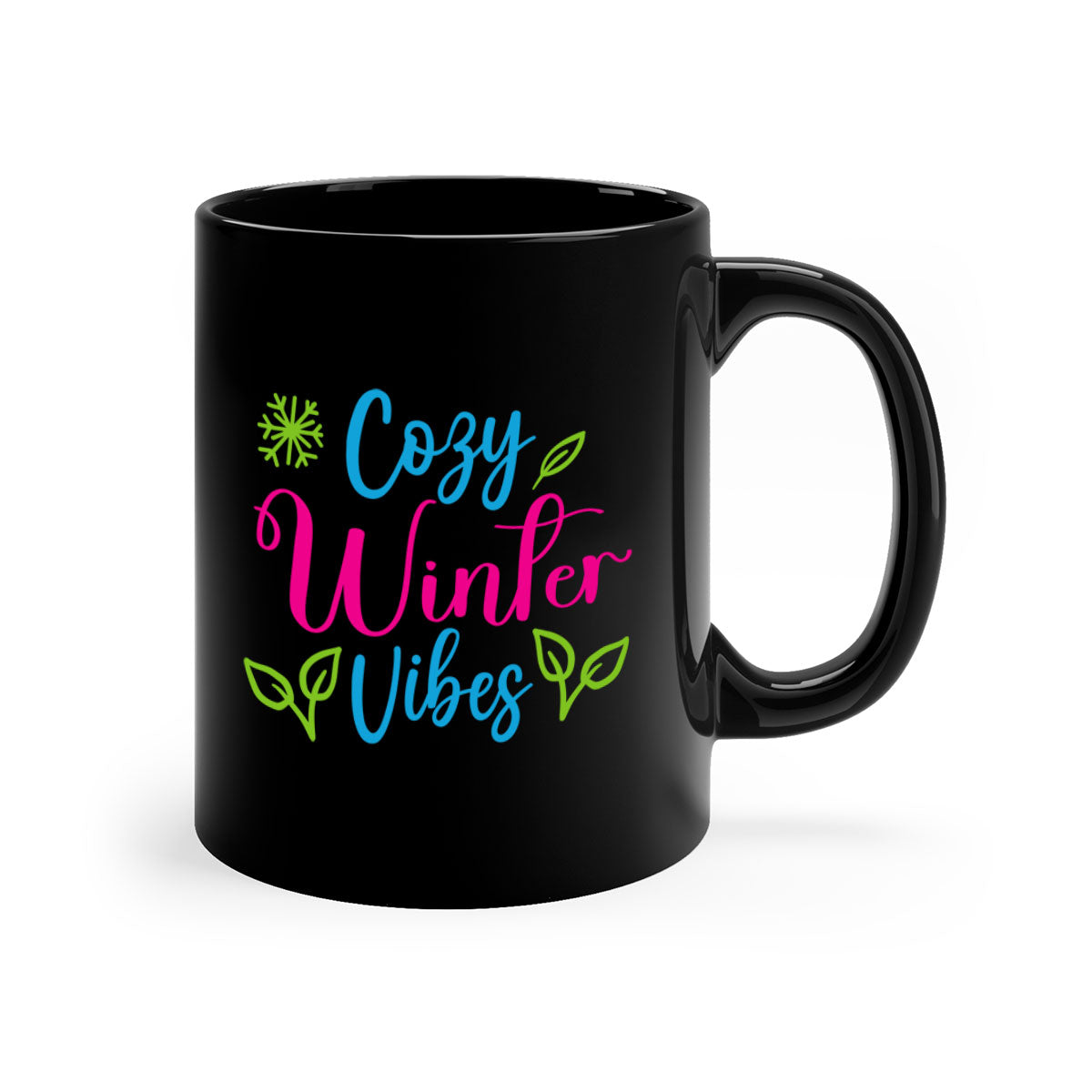 Cozy Winter Vibes 73# Mug featuring a glossy finish, colored handle, and interior, available in multiple colors and sizes.