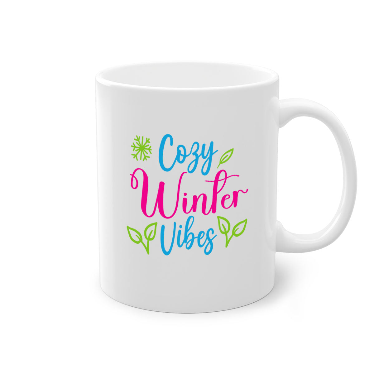 Cozy Winter Vibes 73# Mug featuring a glossy finish, colored handle, and interior, available in multiple colors and sizes.