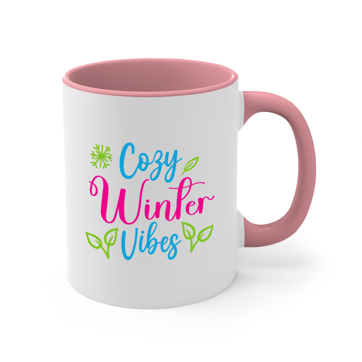 Cozy Winter Vibes 73# Mug featuring a glossy finish, colored handle, and interior, available in multiple colors and sizes.