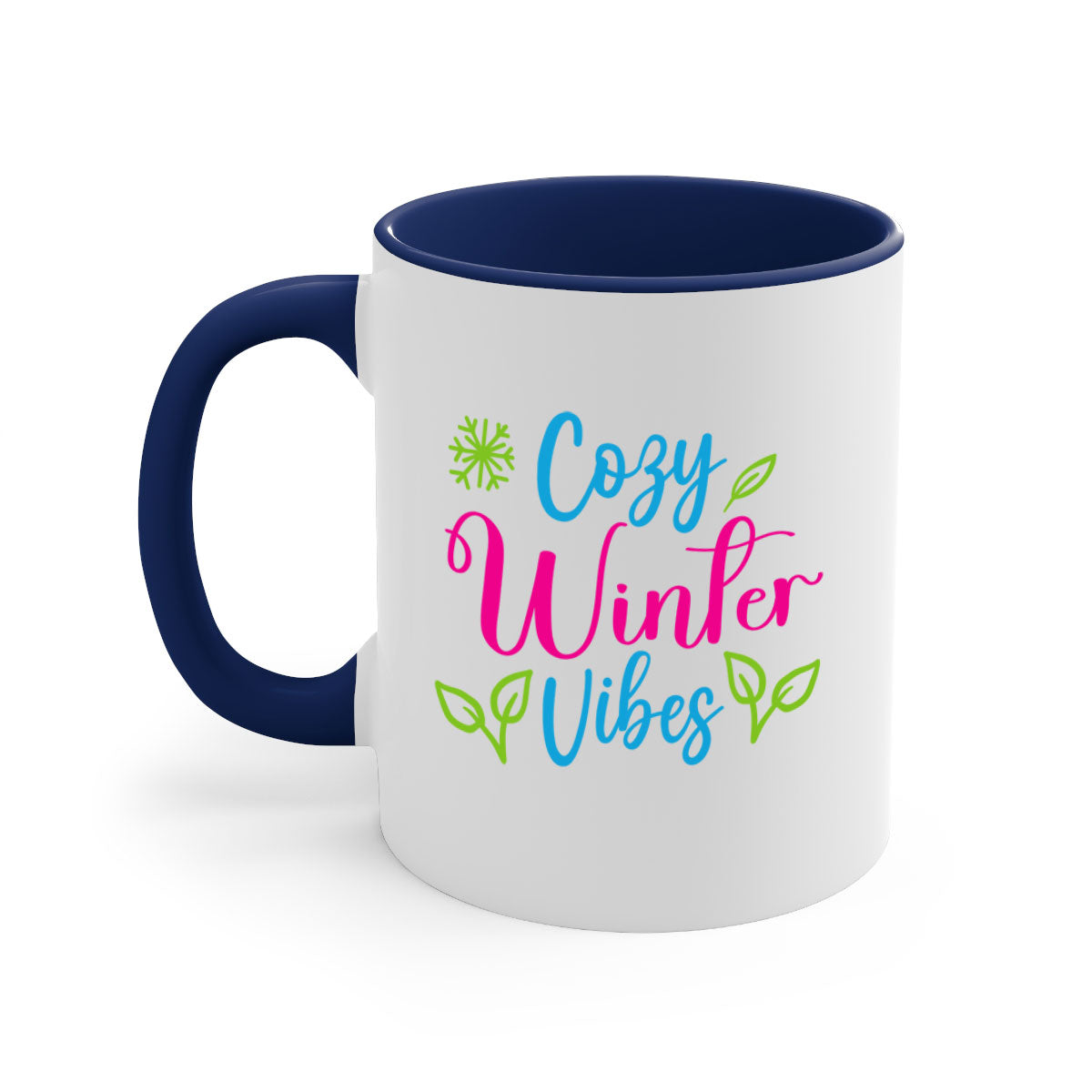 Cozy Winter Vibes 73# Mug featuring a glossy finish, colored handle, and interior, available in multiple colors and sizes.