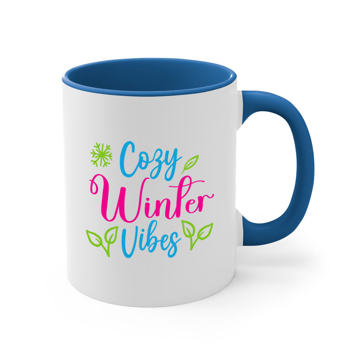 Cozy Winter Vibes 73# Mug featuring a glossy finish, colored handle, and interior, available in multiple colors and sizes.