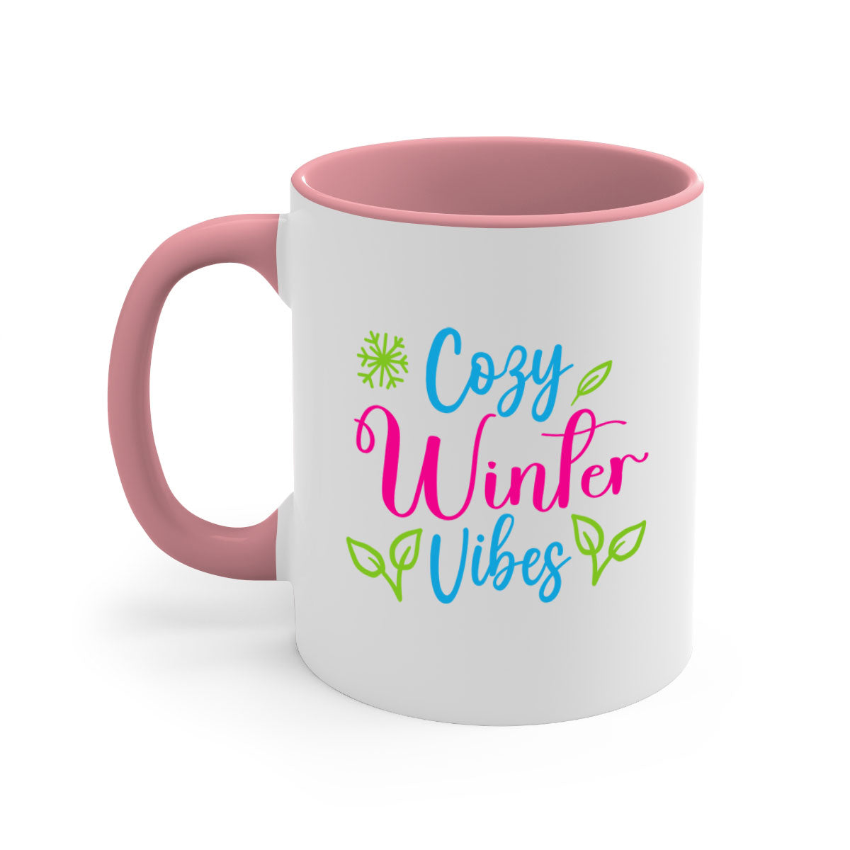 Cozy Winter Vibes 73# Mug featuring a glossy finish, colored handle, and interior, available in multiple colors and sizes.