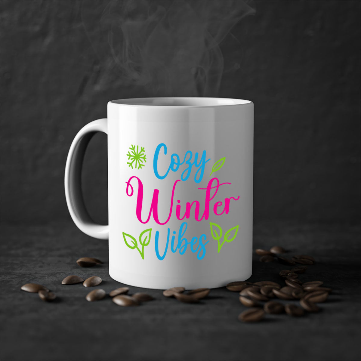 Cozy Winter Vibes 73# Mug featuring a glossy finish, colored handle, and interior, available in multiple colors and sizes.