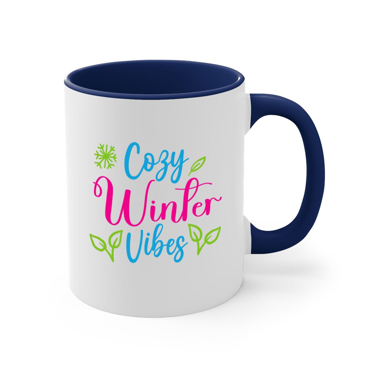 Cozy Winter Vibes 73# Mug featuring a glossy finish, colored handle, and interior, available in multiple colors and sizes.