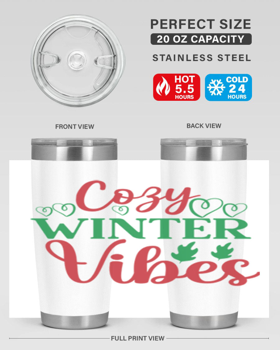 Cozy Winter Vibes 74# Tumbler in stainless steel with winter-themed design, showcasing its double wall vacuum insulation and drink-thru lid.