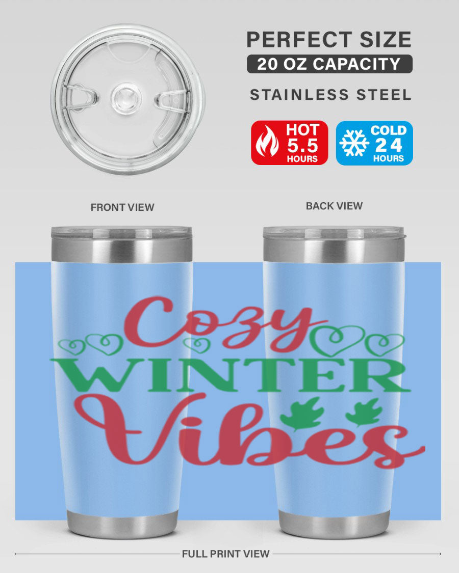 Cozy Winter Vibes 74# Tumbler in stainless steel with winter-themed design, showcasing its double wall vacuum insulation and drink-thru lid.