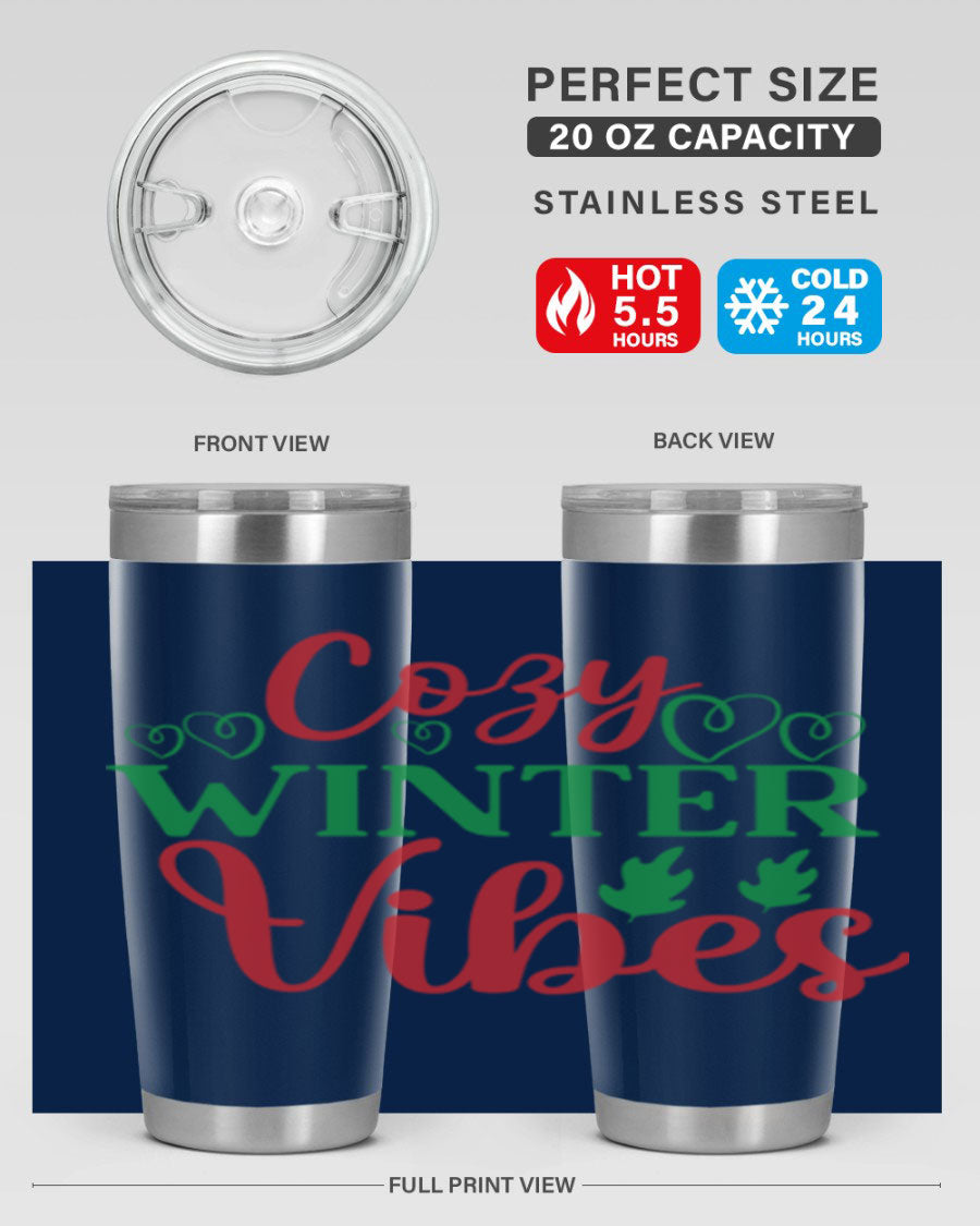 Cozy Winter Vibes 74# Tumbler in stainless steel with winter-themed design, showcasing its double wall vacuum insulation and drink-thru lid.