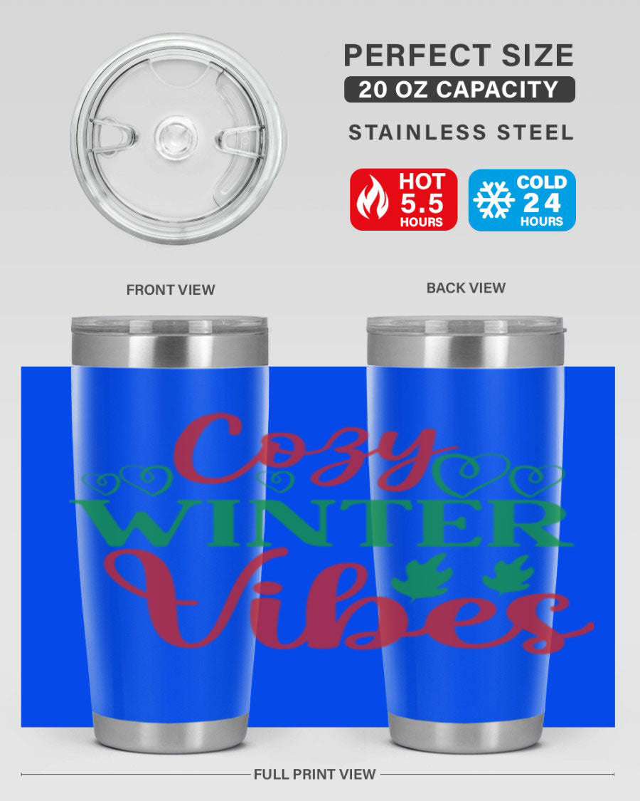 Cozy Winter Vibes 74# Tumbler in stainless steel with winter-themed design, showcasing its double wall vacuum insulation and drink-thru lid.