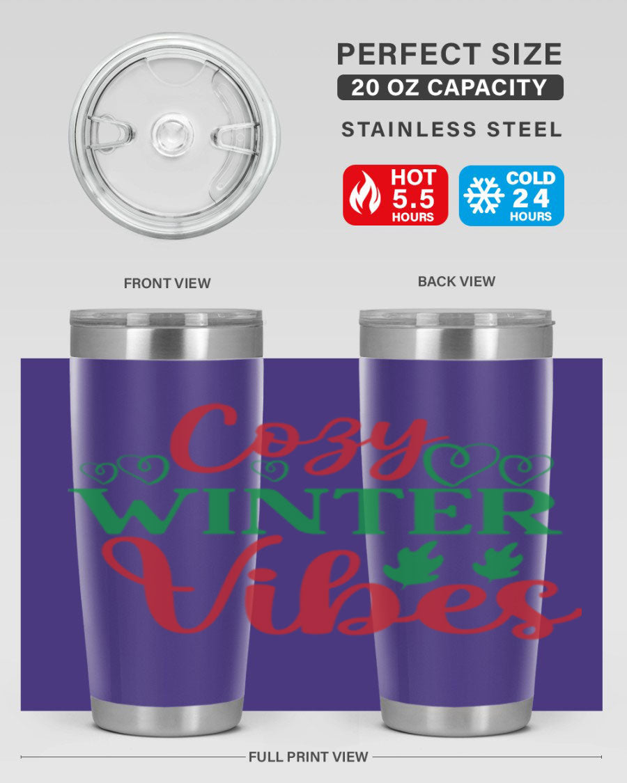Cozy Winter Vibes 74# Tumbler in stainless steel with winter-themed design, showcasing its double wall vacuum insulation and drink-thru lid.