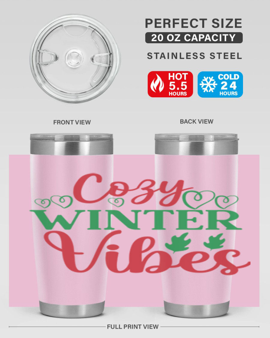Cozy Winter Vibes 74# Tumbler in stainless steel with winter-themed design, showcasing its double wall vacuum insulation and drink-thru lid.
