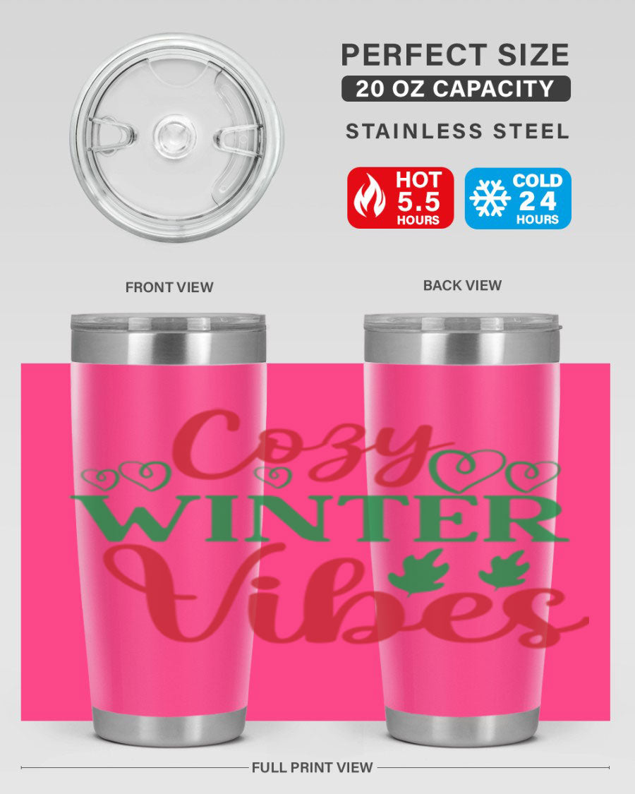 Cozy Winter Vibes 74# Tumbler in stainless steel with winter-themed design, showcasing its double wall vacuum insulation and drink-thru lid.