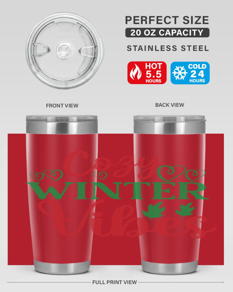 Cozy Winter Vibes 74# Tumbler in stainless steel with winter-themed design, showcasing its double wall vacuum insulation and drink-thru lid.