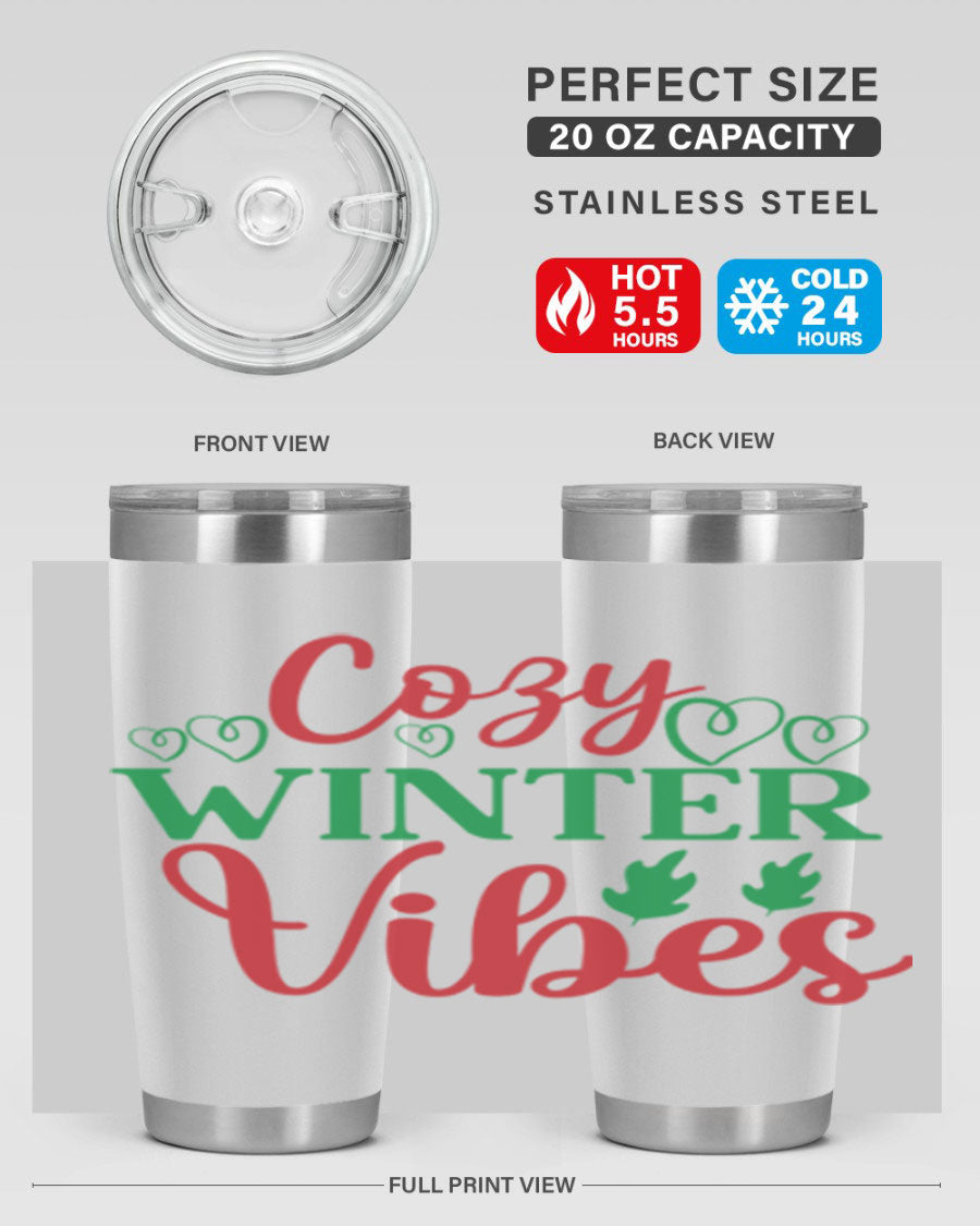 Cozy Winter Vibes 74# Tumbler in stainless steel with winter-themed design, showcasing its double wall vacuum insulation and drink-thru lid.