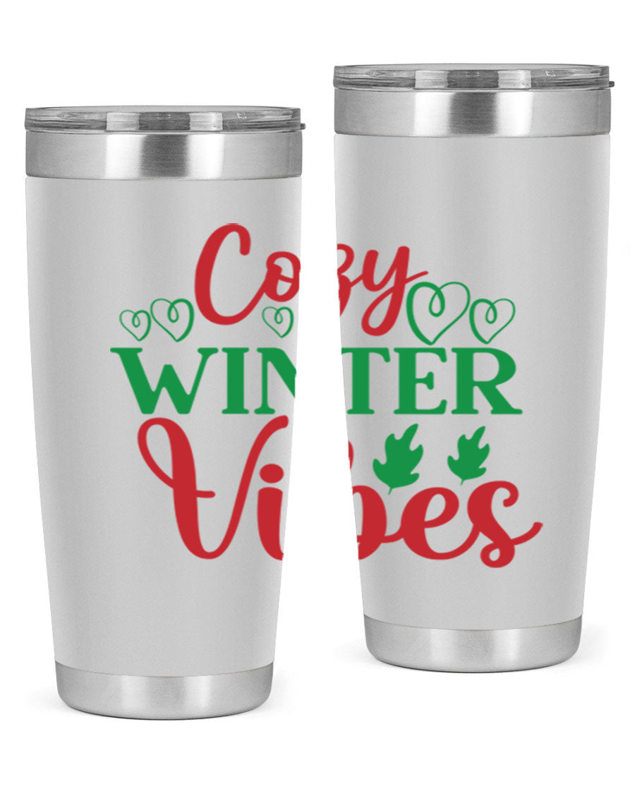Cozy Winter Vibes 74# Tumbler in stainless steel with winter-themed design, showcasing its double wall vacuum insulation and drink-thru lid.