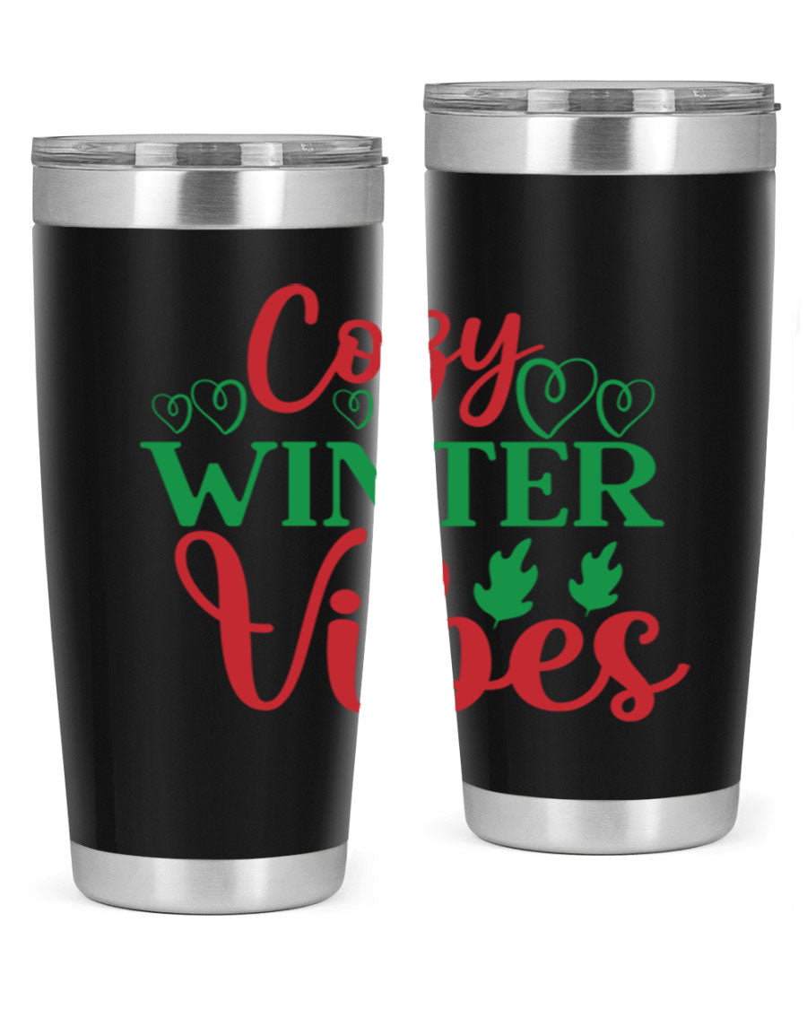 Cozy Winter Vibes 74# Tumbler in stainless steel with winter-themed design, showcasing its double wall vacuum insulation and drink-thru lid.