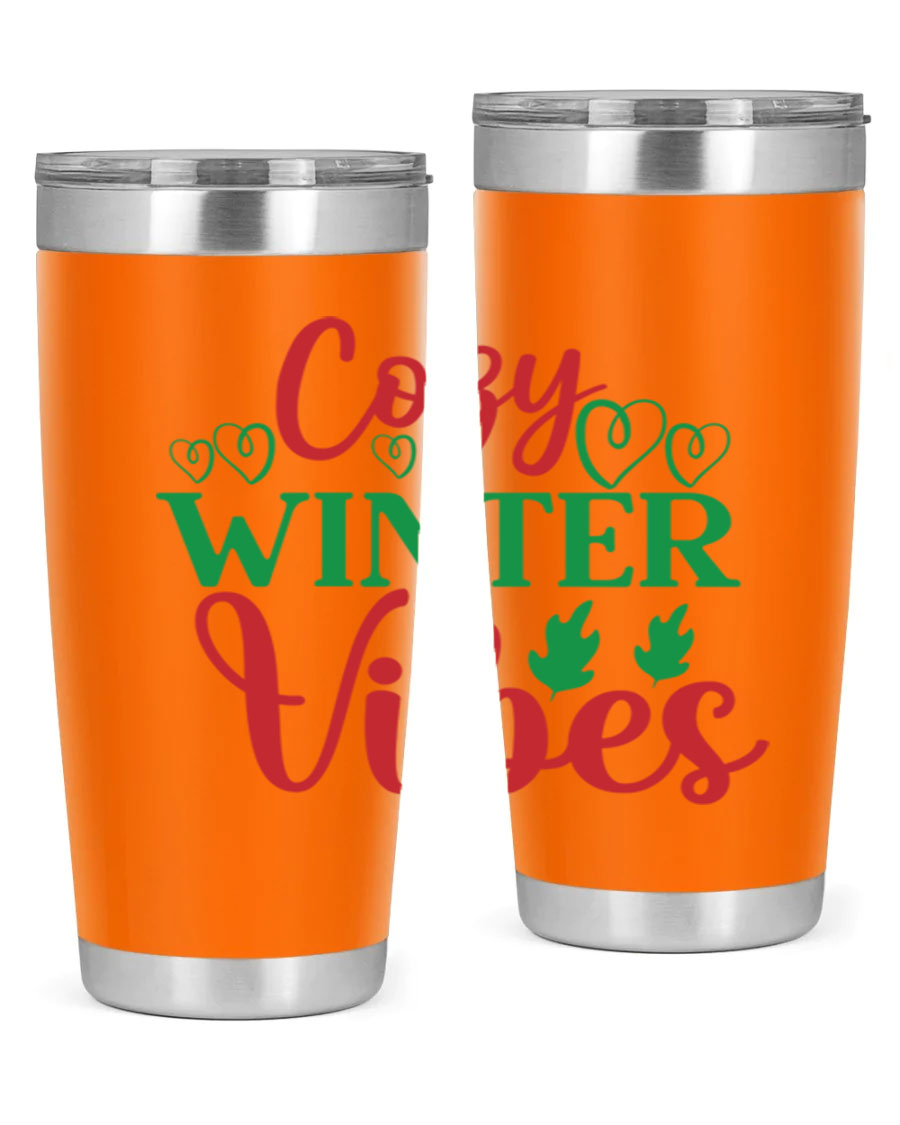 Cozy Winter Vibes 74# Tumbler in stainless steel with winter-themed design, showcasing its double wall vacuum insulation and drink-thru lid.