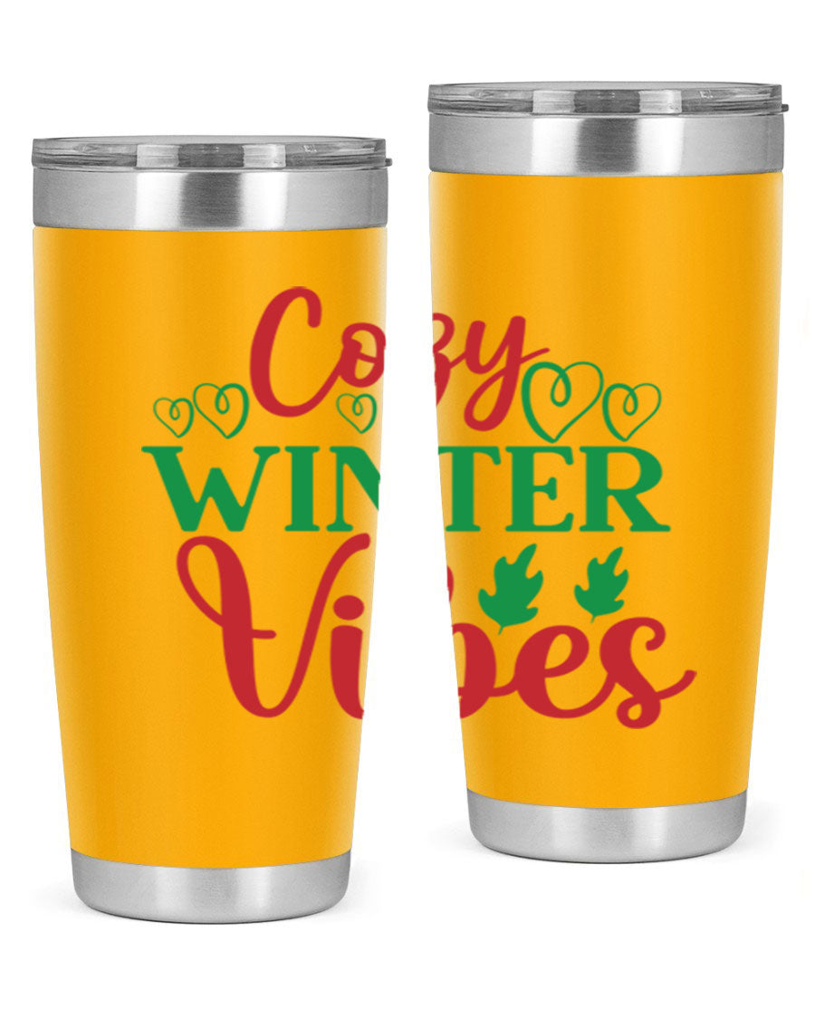 Cozy Winter Vibes 74# Tumbler in stainless steel with winter-themed design, showcasing its double wall vacuum insulation and drink-thru lid.
