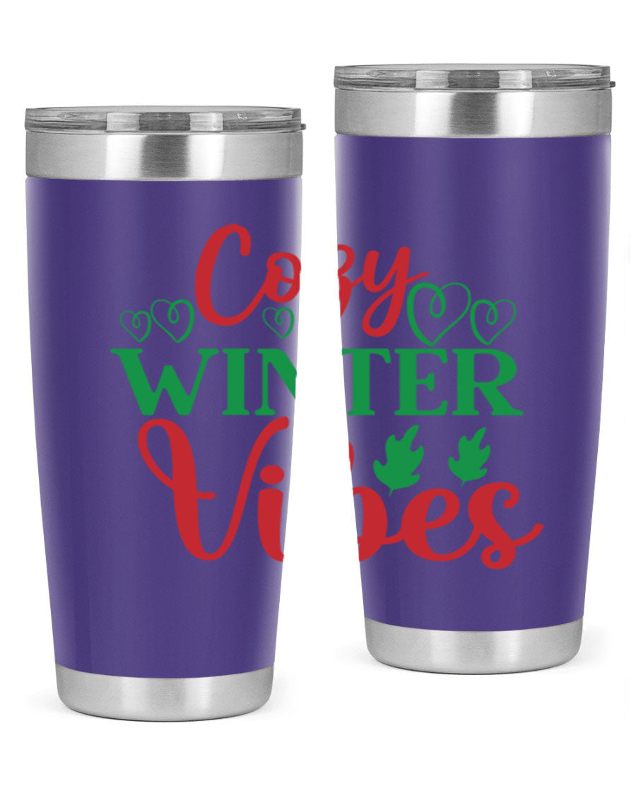 Cozy Winter Vibes 74# Tumbler in stainless steel with winter-themed design, showcasing its double wall vacuum insulation and drink-thru lid.
