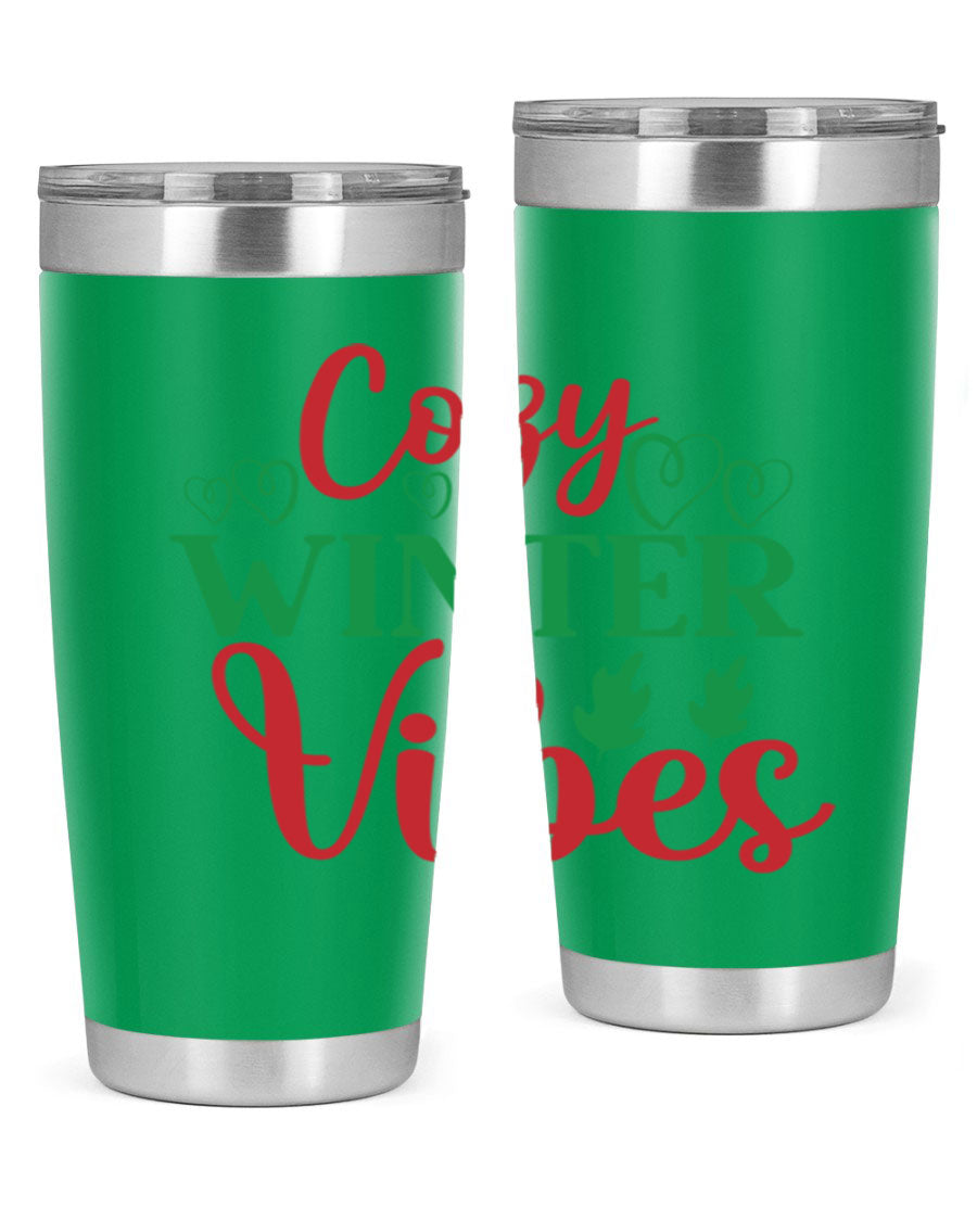 Cozy Winter Vibes 74# Tumbler in stainless steel with winter-themed design, showcasing its double wall vacuum insulation and drink-thru lid.