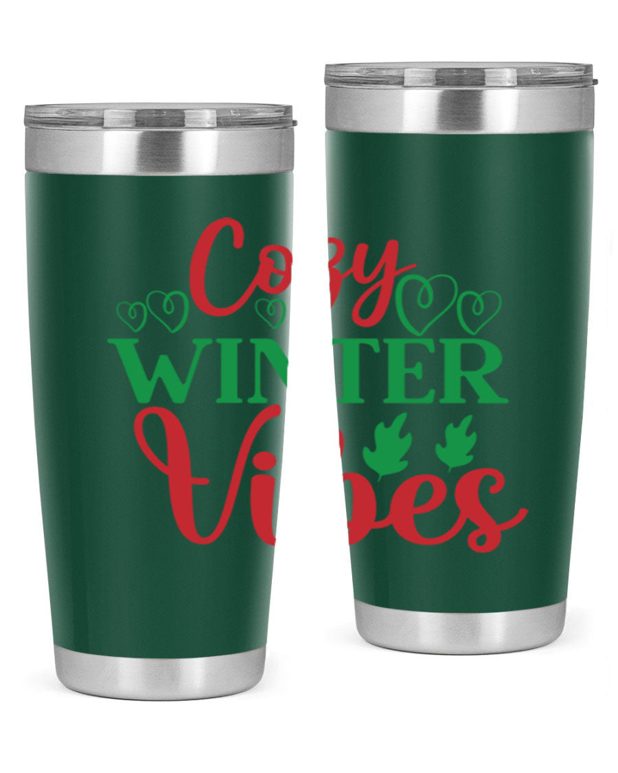 Cozy Winter Vibes 74# Tumbler in stainless steel with winter-themed design, showcasing its double wall vacuum insulation and drink-thru lid.