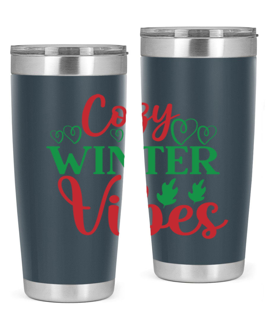 Cozy Winter Vibes 74# Tumbler in stainless steel with winter-themed design, showcasing its double wall vacuum insulation and drink-thru lid.