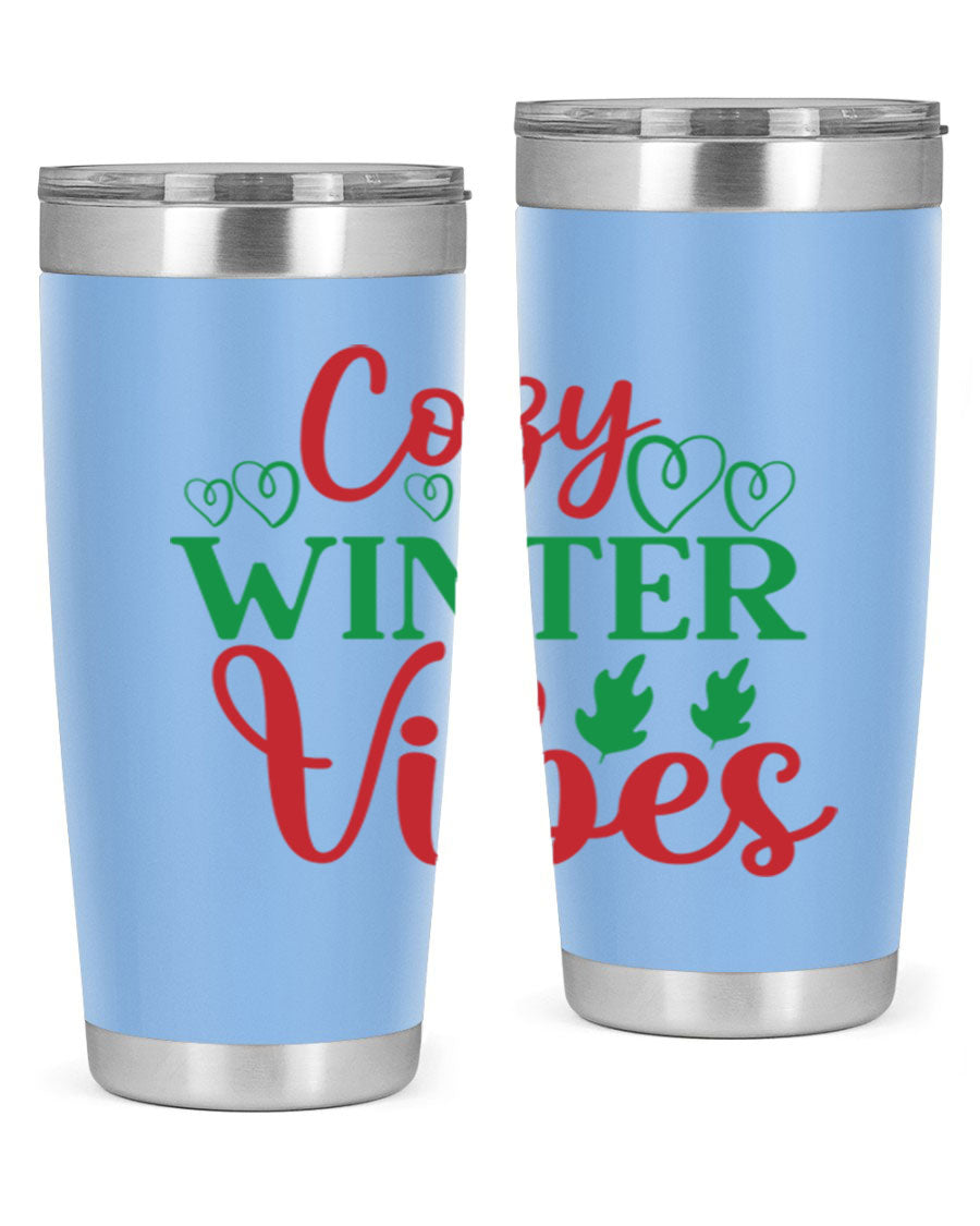 Cozy Winter Vibes 74# Tumbler in stainless steel with winter-themed design, showcasing its double wall vacuum insulation and drink-thru lid.