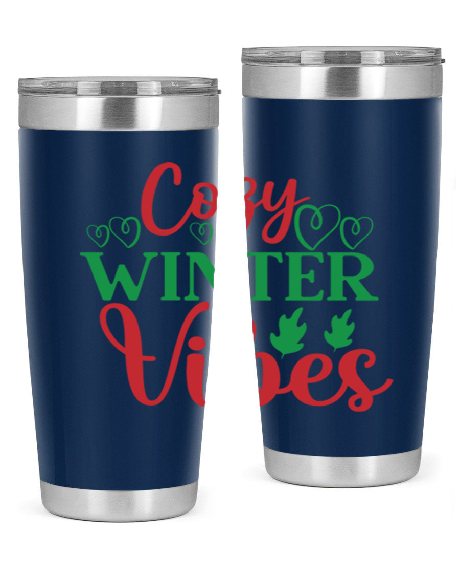 Cozy Winter Vibes 74# Tumbler in stainless steel with winter-themed design, showcasing its double wall vacuum insulation and drink-thru lid.
