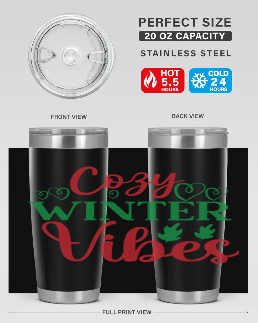 Cozy Winter Vibes 74# Tumbler in stainless steel with winter-themed design, showcasing its double wall vacuum insulation and drink-thru lid.