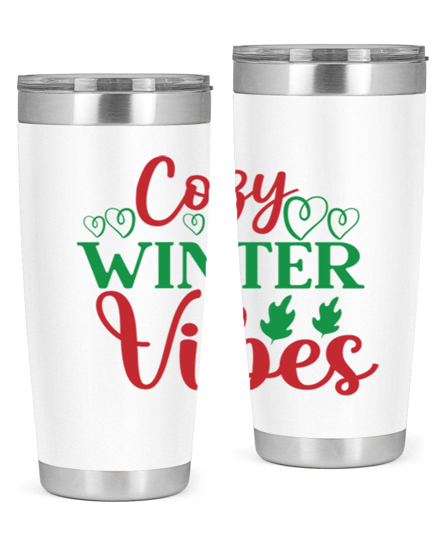 Cozy Winter Vibes 74# Tumbler in stainless steel with winter-themed design, showcasing its double wall vacuum insulation and drink-thru lid.