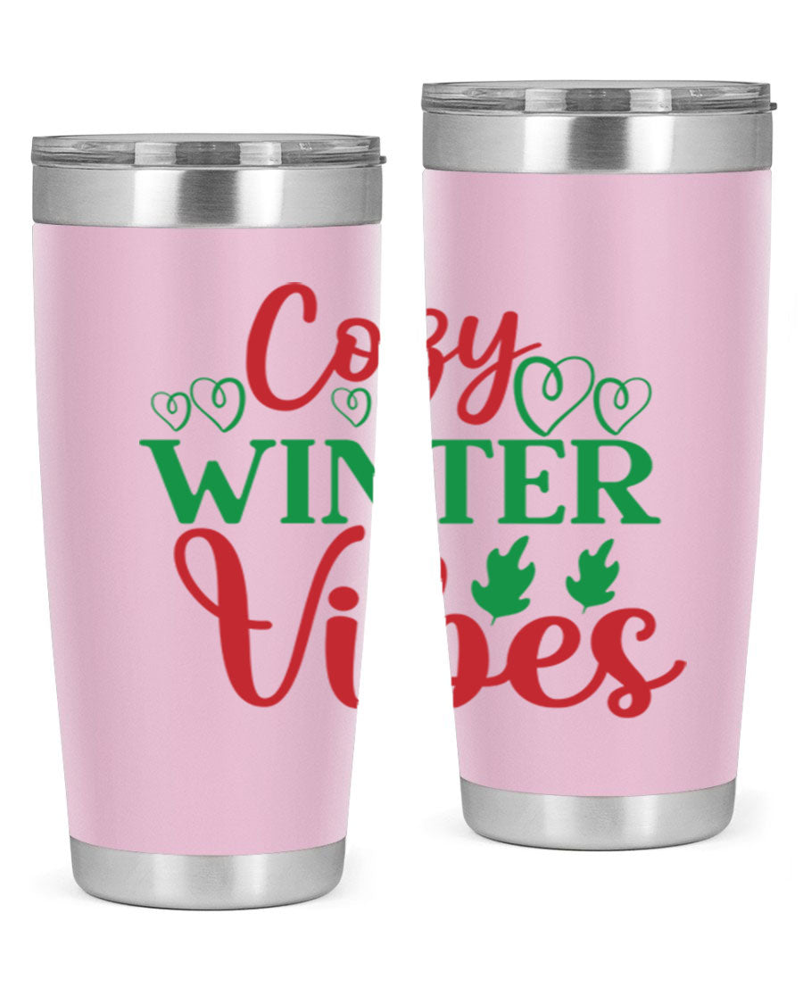 Cozy Winter Vibes 74# Tumbler in stainless steel with winter-themed design, showcasing its double wall vacuum insulation and drink-thru lid.