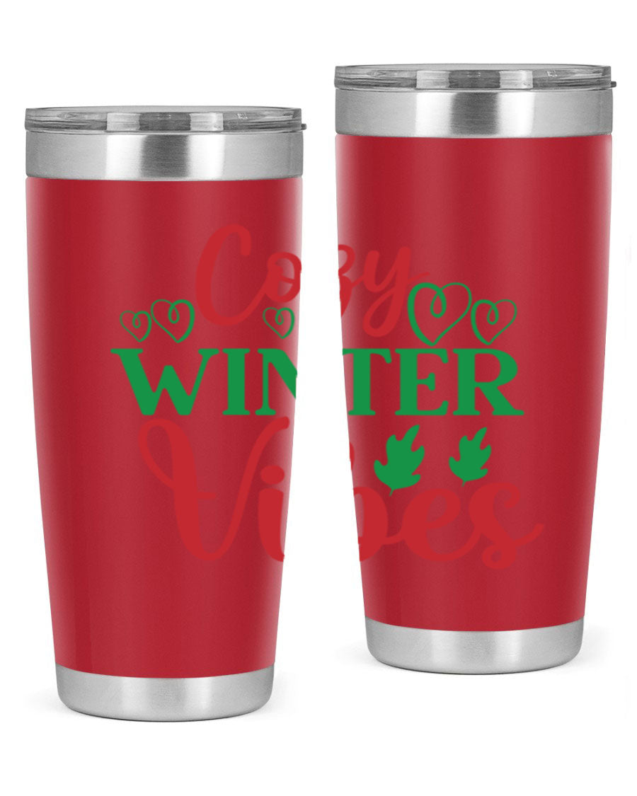 Cozy Winter Vibes 74# Tumbler in stainless steel with winter-themed design, showcasing its double wall vacuum insulation and drink-thru lid.