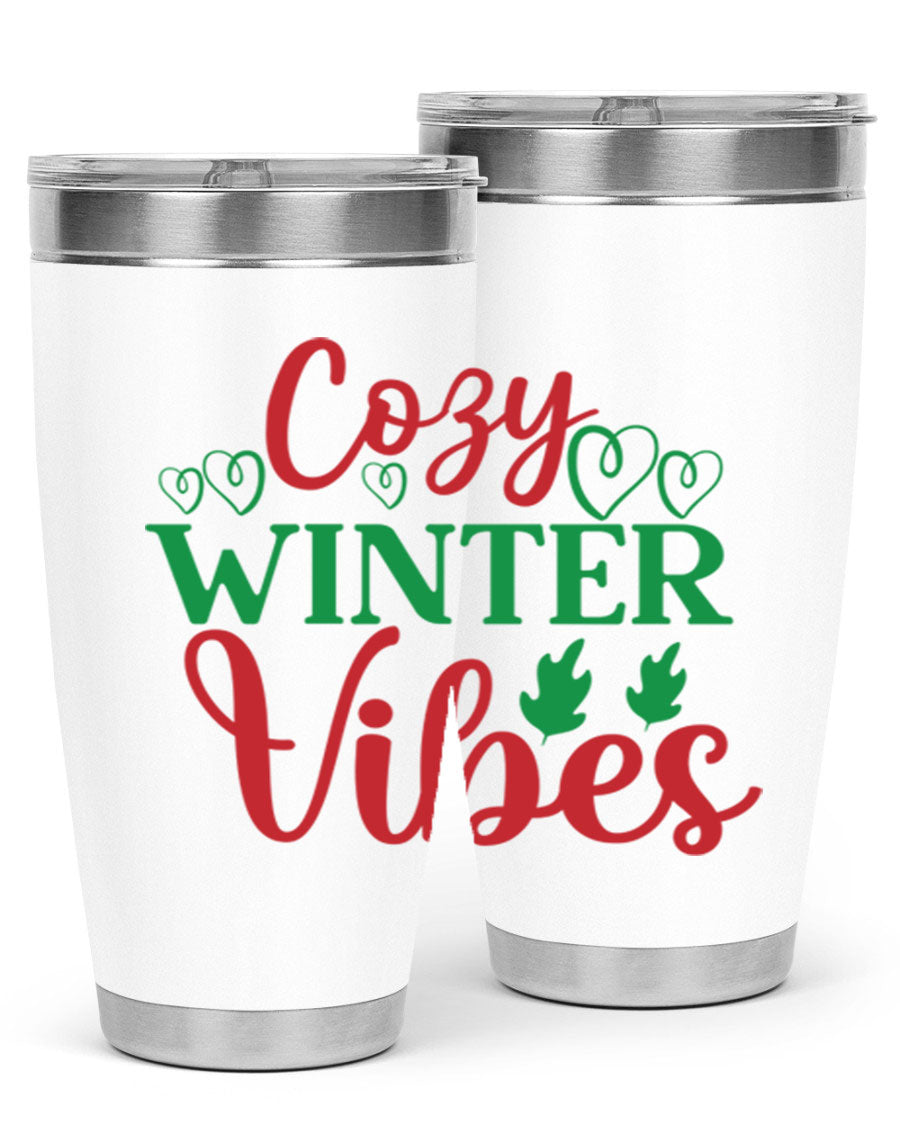 Cozy Winter Vibes 74# Tumbler in stainless steel with winter-themed design, showcasing its double wall vacuum insulation and drink-thru lid.