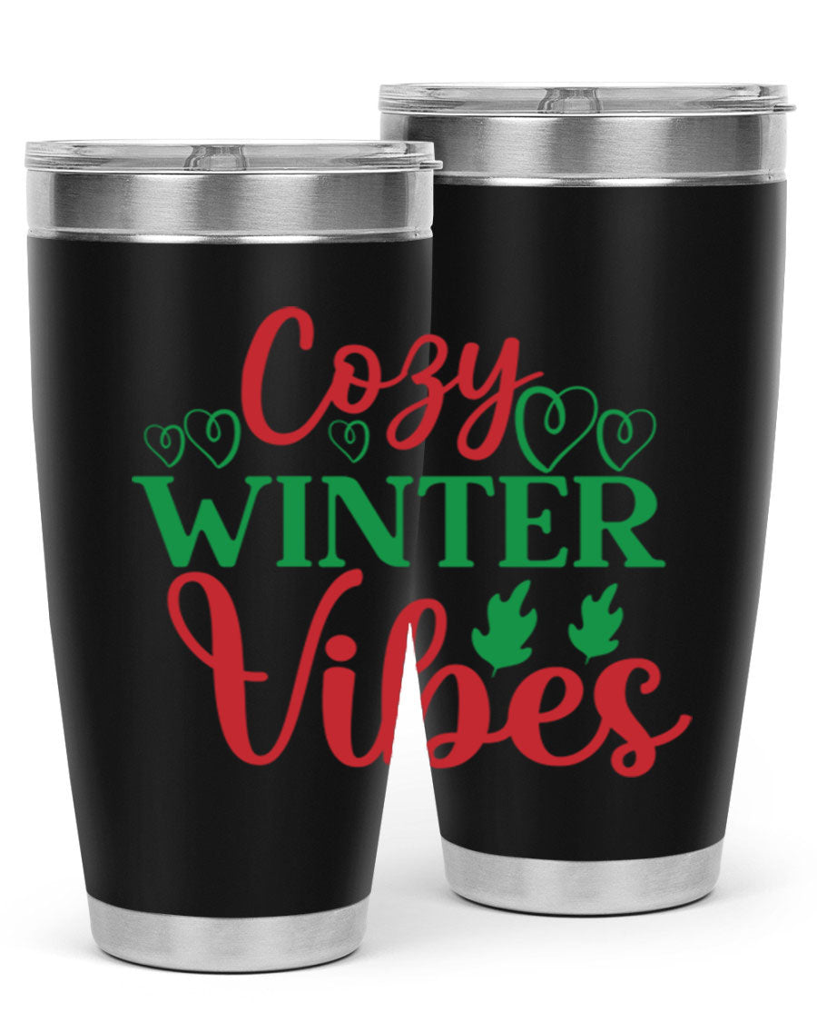 Cozy Winter Vibes 74# Tumbler in stainless steel with winter-themed design, showcasing its double wall vacuum insulation and drink-thru lid.