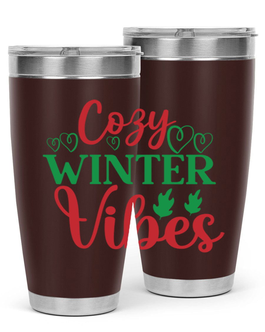 Cozy Winter Vibes 74# Tumbler in stainless steel with winter-themed design, showcasing its double wall vacuum insulation and drink-thru lid.